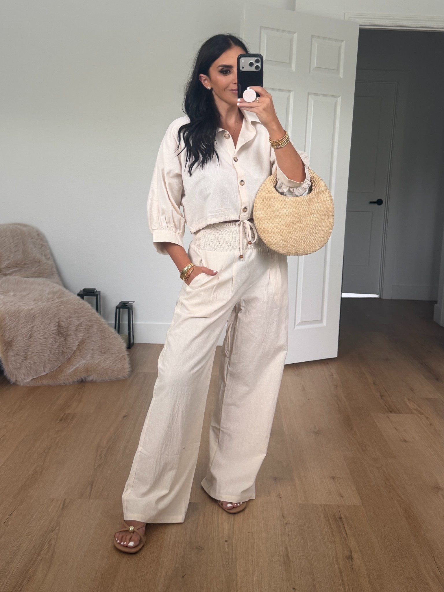 Vici collection Emilee cotton drawstring top wearing size medium 

Emiliee smocked wide leg cotton pants wearing size medium 

 Use code houseofsequins30 for 30% off the entire site on vici