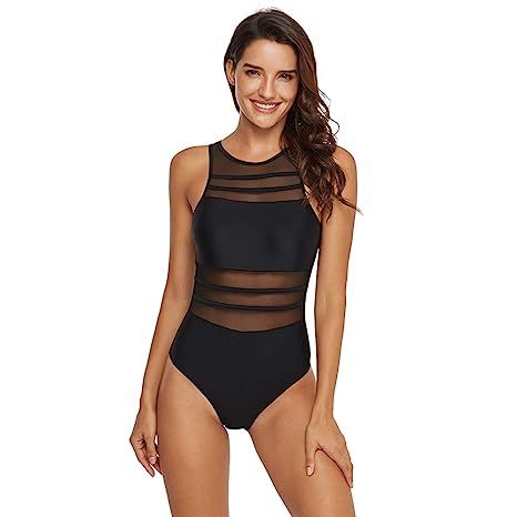 GORBAST Women Swimsuits See Through Mesh Ruched High Neck V-Neckline Top Bikini Swimwear One Piec... | Amazon (US)