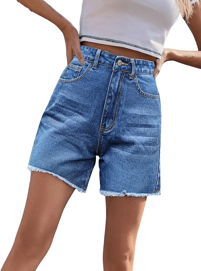 SweatyRocks Women's High Waist Denim Shorts Straight Leg Raw Hem Jean Shorts Summer Hot Pants wit... | Amazon (US)