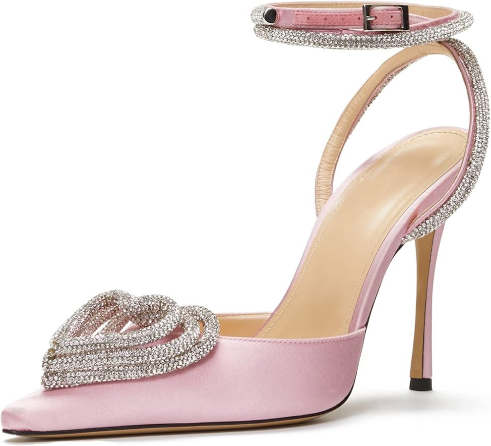 BlingQueen Women's Heeled Sandals Satin Rhinestone Ankle Strap Pumps Crystal Embellishment Pointy... | Amazon (US)