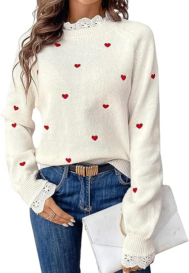 Heart Lace Sweater for Women Cute Fall Pullover Trendy Valentine Sweaters Long Sleeve Casual Knit... | Amazon (US)
