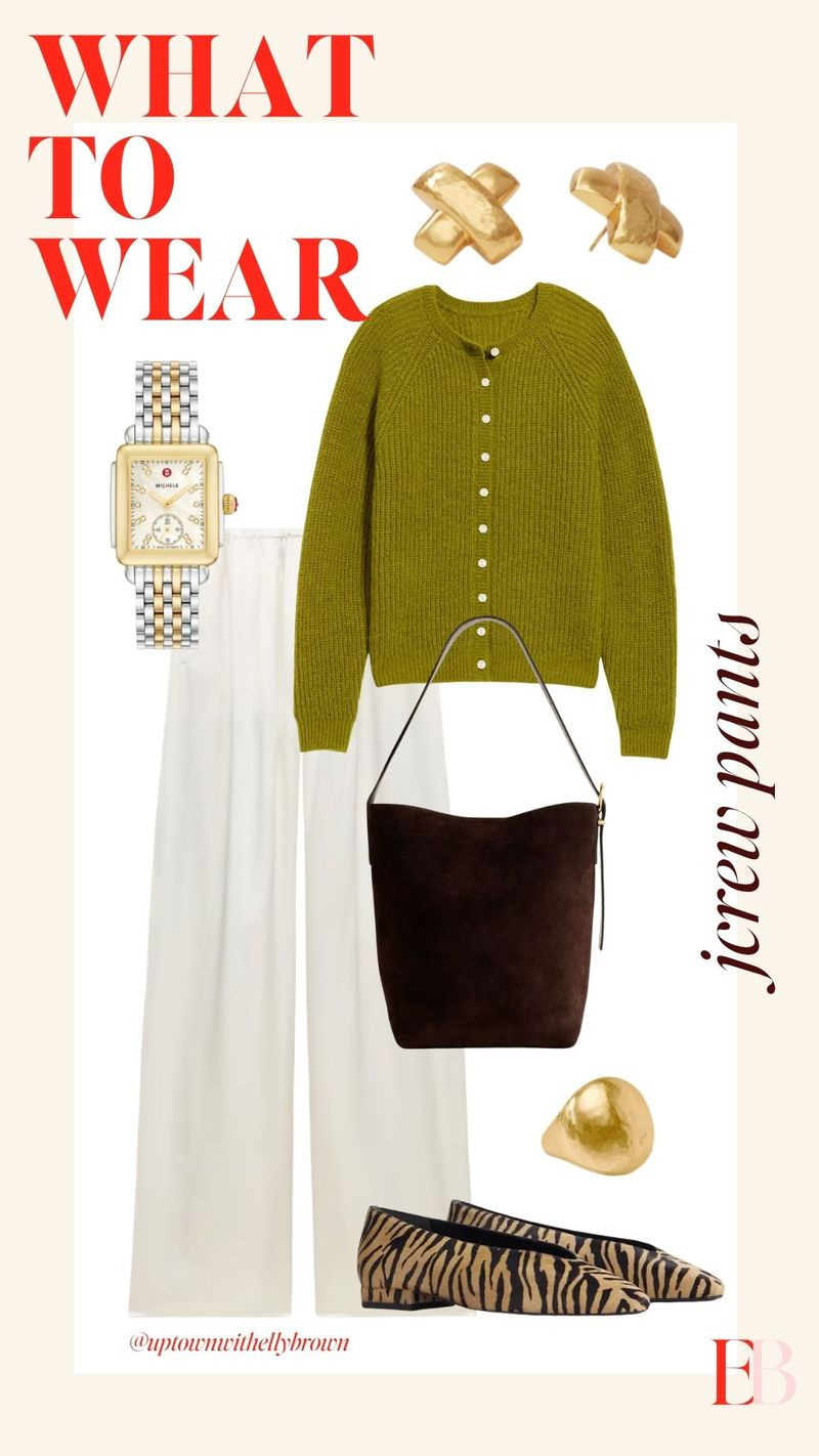 What to wear with those charmeuse pants I ordered 🍂 That olive cardigan is doing all the heavy lifting, the zebra flats add just enough print without overdoing it, and the chocolate suede bag + gold jewelry mix pulls it all together. Effortless but not boring — my favorite kind of outfit formula. Every piece linked on my LTK! 

 #whattowear #charmeusepants #falloutfit #fallstyle #ootdinspo #LTKstyletip #LTKSeasonal #liketkit