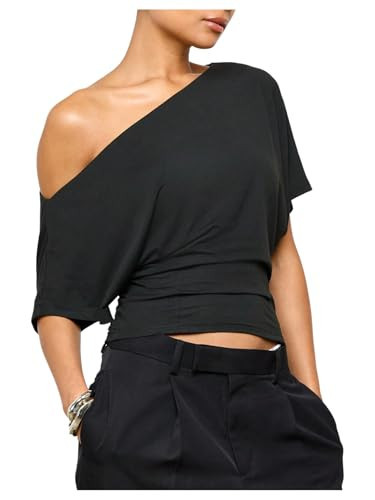 SweatyRocks Women's Off The Shoulder Crop Top Ruched Asymmetrical Dolman Short Sleeve Trendy Y2K T Shirt Black Medium | Amazon (US)