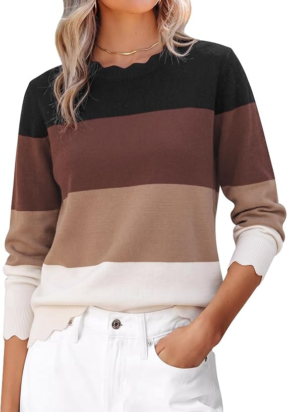 LOMON Sweaters for Women Fall Scalloped Long Sleeve Pullover | Lightweight soft cozy knit tops, C... | Amazon (US)