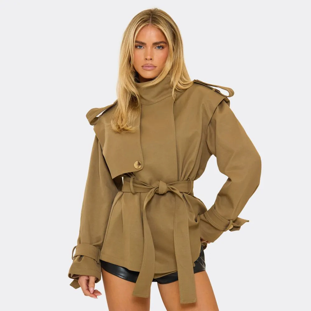 High Neck Belted Waist Short Trench Coat In Khaki | EGO (UK)