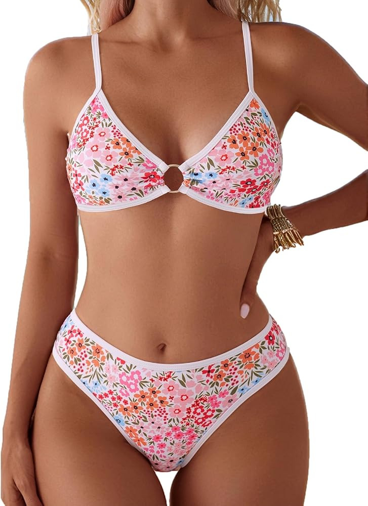 Fanuerg Women's Triangle Bikini Sets O Ring Linked Two Piece Swimsuits Floral Printed Cheeky Bath... | Amazon (US)