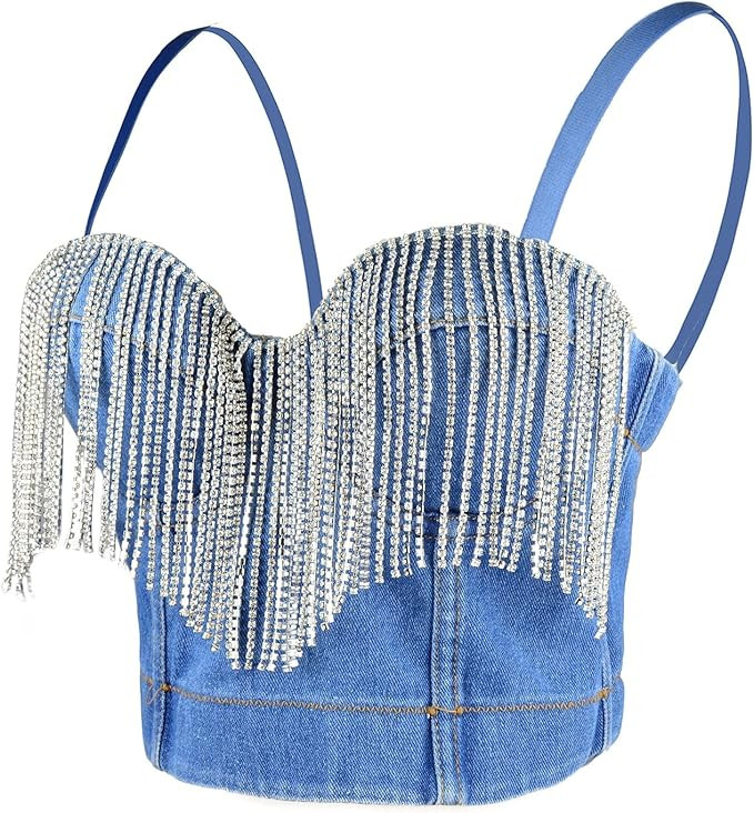 ELLACCI Women's Tassel Rhinestone Denim Bustier Crop Top Jean Corset Top Bra Blue | Amazon (US)