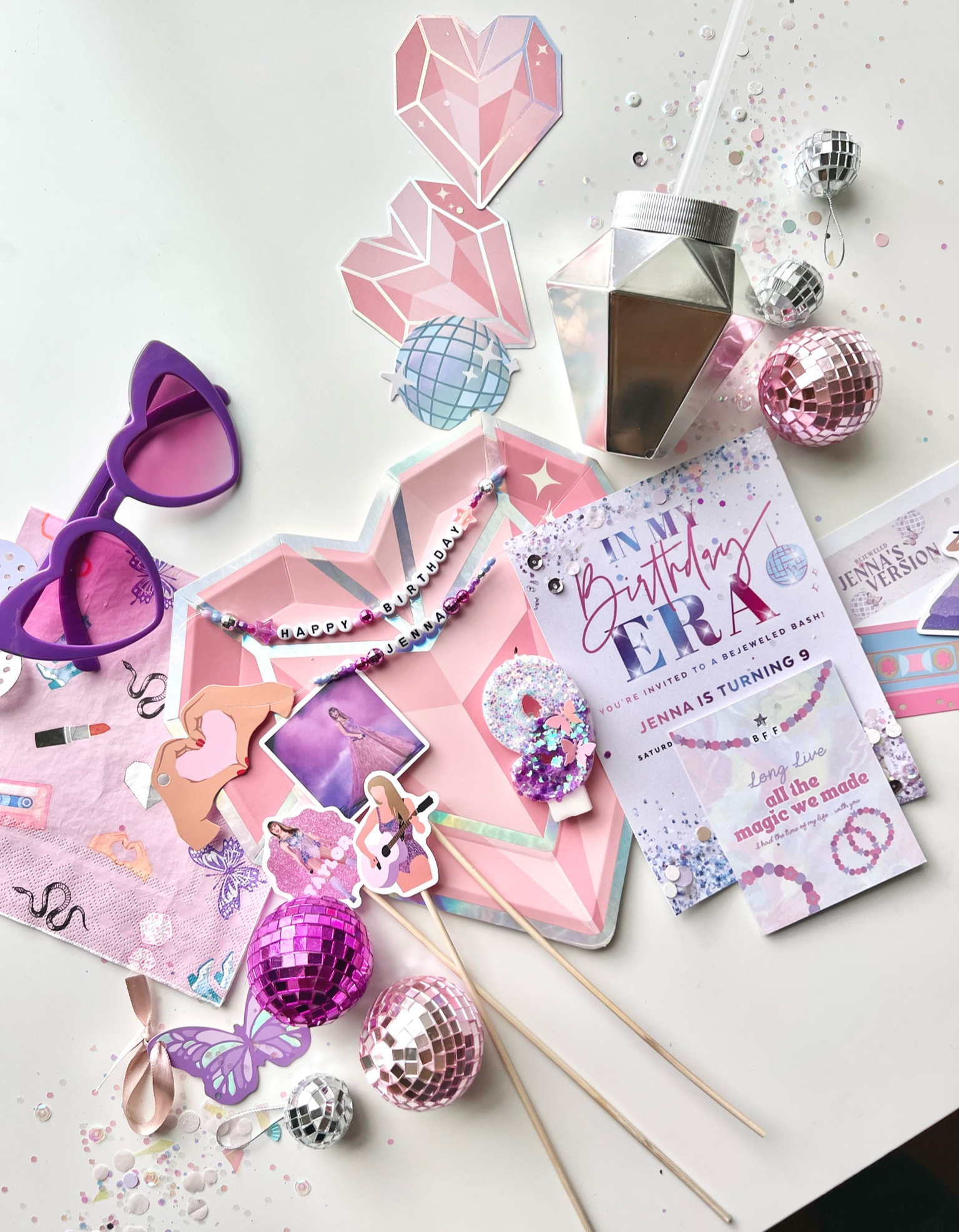  Bejeweled party flatlay! 💎🫶🏻From the confettied invitation to the custom water bottle labels, the heart glasses to all the disco balls, the custom cake topper friendship bracelet to the icon wrapping tags - this was one we’ll never forget 😍

#LTKparties