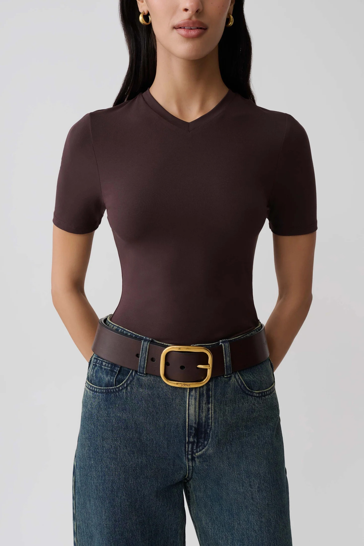Janelle High V Neck Short Sleeve Top - Chocolate | Meshki UK