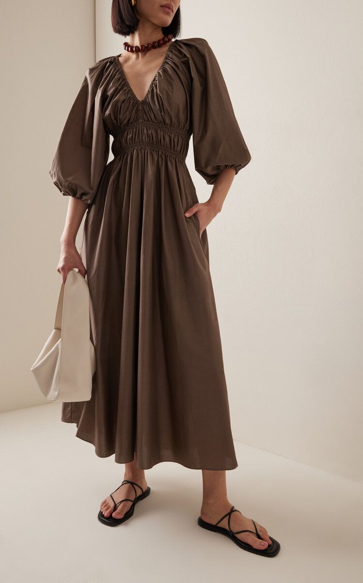 Shirred Puff-Sleeve Organic Cotton Midi Dress | Moda Operandi (Global)