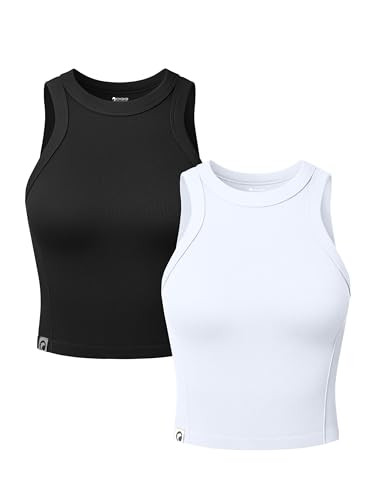 OQQ Womens 2 Pack Crop Tank Tops Crew Neck Sleeveless Ribbed Stretch Workout Athleisure Tops | Amazon (US)