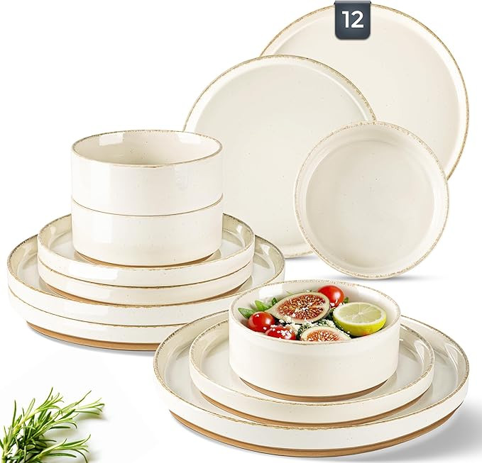 AmorArc Ceramic Dinnerware Sets for 4, 12 Pieces Handpainted Plates and Bowls Set with Rustic Ter... | Amazon (US)