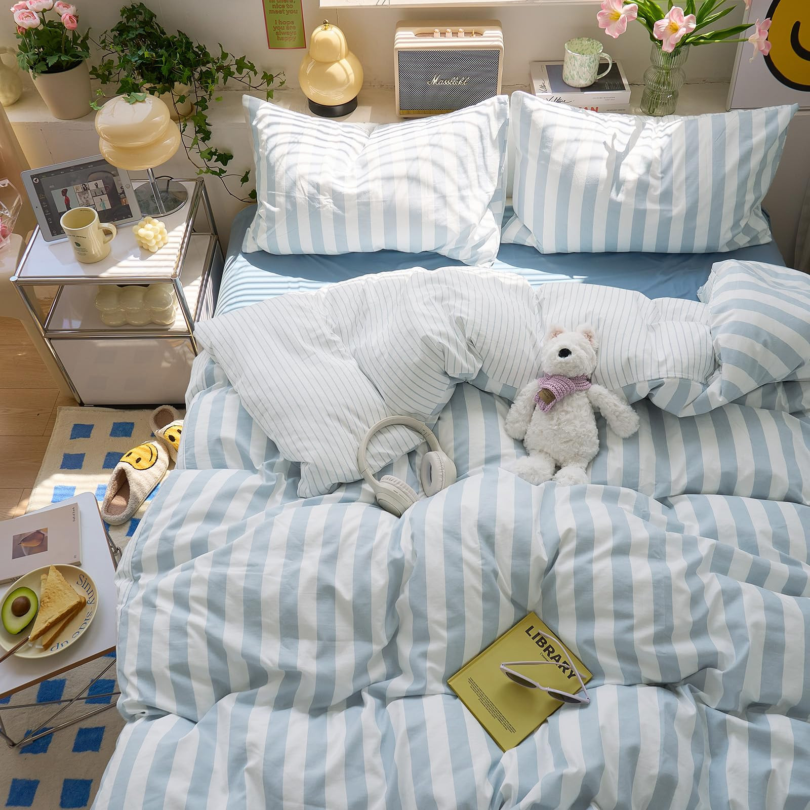 EAVD Retro Blue and White Striped Duvet Cover Set Queen Soft Washed Microfiber Reversible Vertica... | Amazon (US)