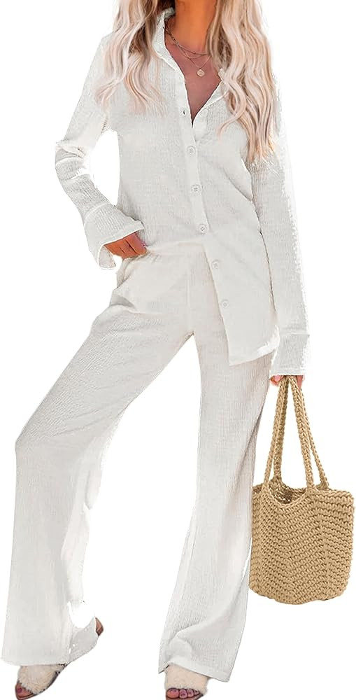 Ekouaer Womens 2 Piece Outfits Long Sleeve Button Down Shirt and Pants Matching Sets Loose Casual... | Amazon (US)