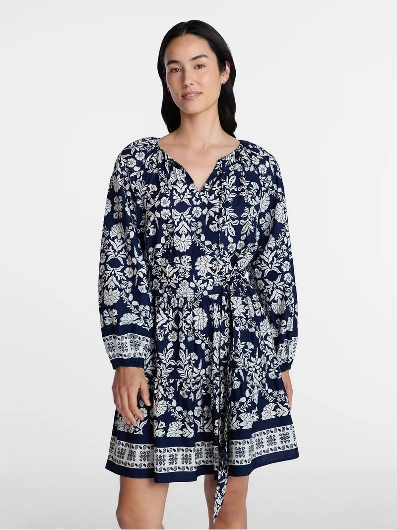 Time and Tru Women's and Women\u2019s Plus Tie Neck Mini Peasant Dress, Sizes XS \u2013 4X | Walmart (US)