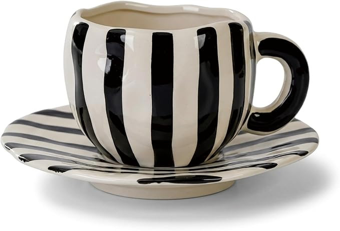 Retro 12oz Cappuccino Coffee Mug with Saucer, Black and White Stripe Latte Art Mug & Tea Cup and ... | Amazon (US)