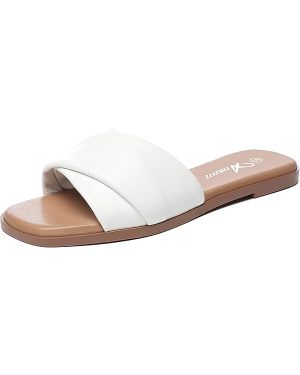 Athlefit Women's Summer Flat Sandals Slip On Square Toe Soft Leather Slide Sandals | Amazon (US)