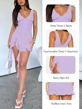 Women Sleeveless Sexy V Neck Bodycon Mini Dress Summer Side Slit Mesh Irregular Ruffle Hem Backle... | Amazon (US)