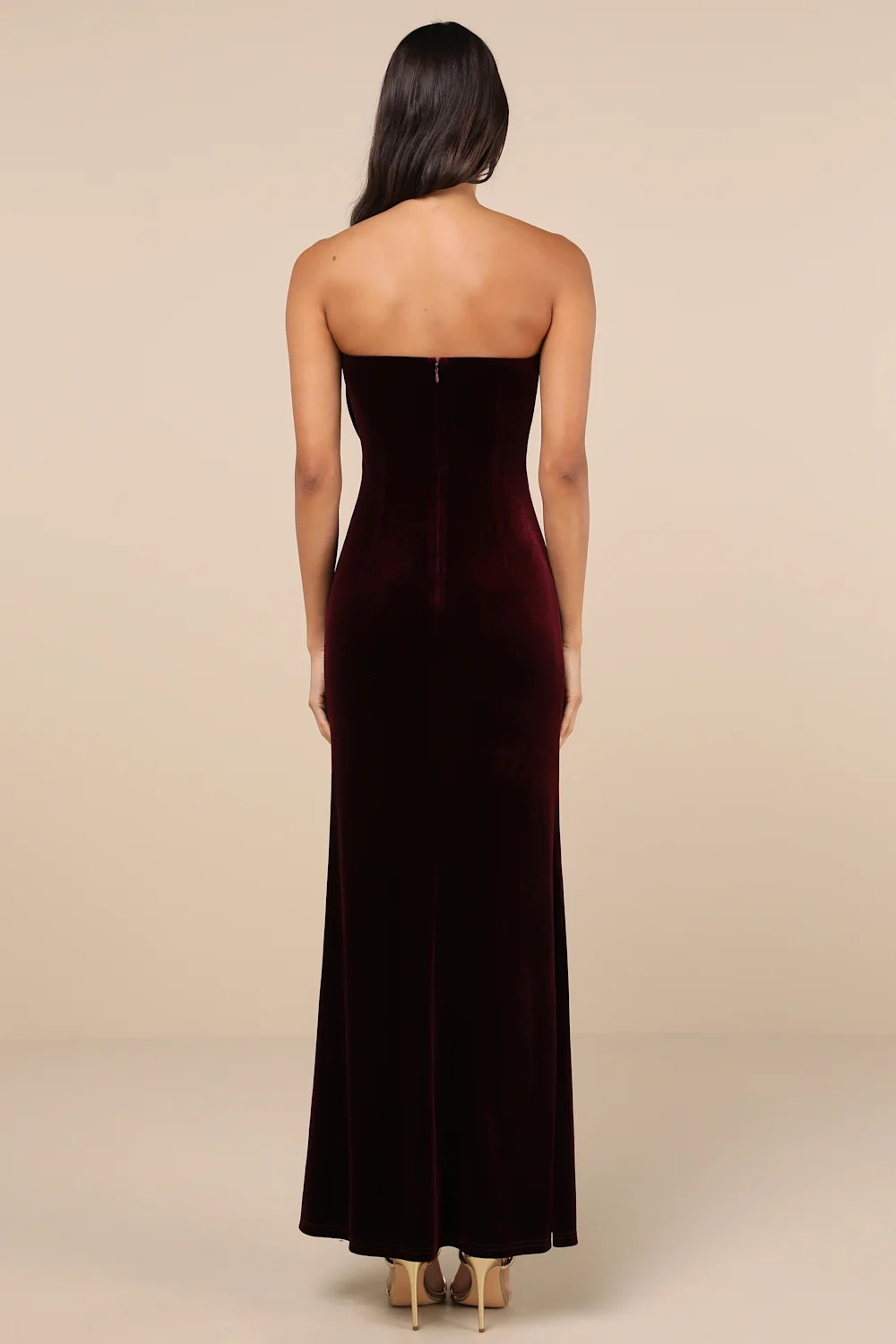 Dramatic Stunner Burgundy Velvet Bow Strapless Maxi Dress | Lulus