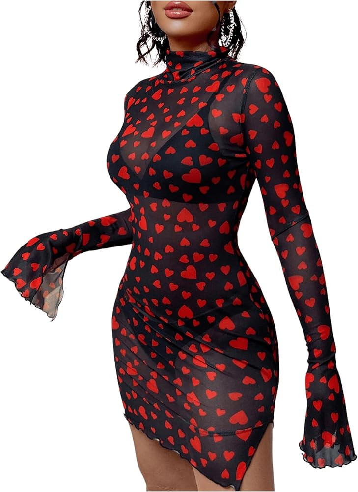 WDIRARA Women's Heart Print Split Hem Sheer Mesh Bodycon Dress Mock Neck Long Bell Sleeve Sexy Dr... | Amazon (US)