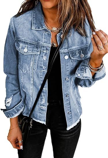 ROSKIKI Womens Boyfriend Washed Denim Jean Coat Jacket Outwear | Amazon (US)