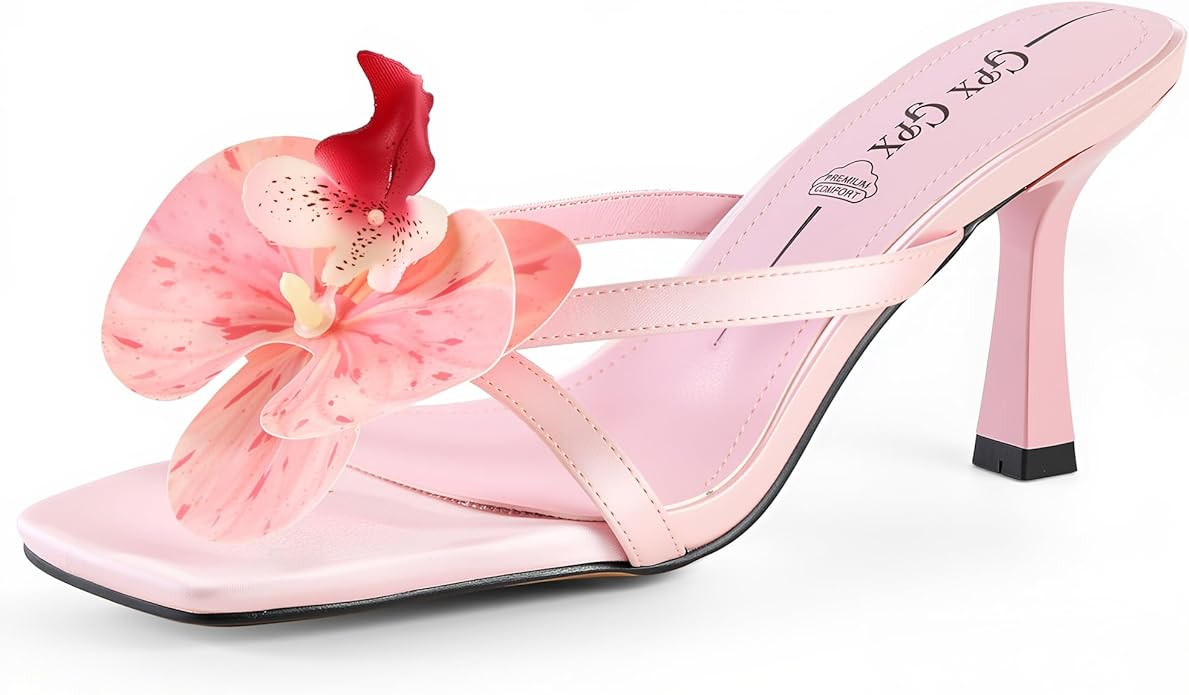 Women's Flower Kitten Heels Slide Sandals Comfortable Slip On Open Toe Summer Weddings Parties Be... | Amazon (US)