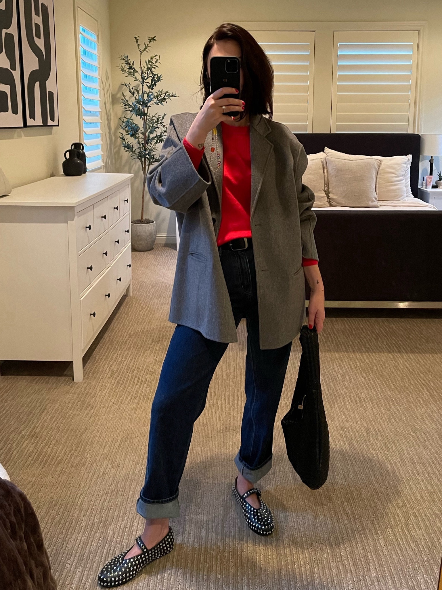 Red sweater with grey blazer 
Denim jeans and sparkle studded shoes (rhinestones) 
Anthropology woven knot bag 
Black belt and silver accessories 

#LTKitbag #LTKSeasonal #LTKstyletip