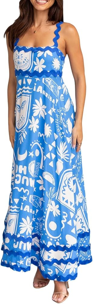 NUFIWI Women Boho Graffiti Cami Long Dress Graphic Spaghetti Strap Flowy Maxi Dress Square Neck C... | Amazon (US)