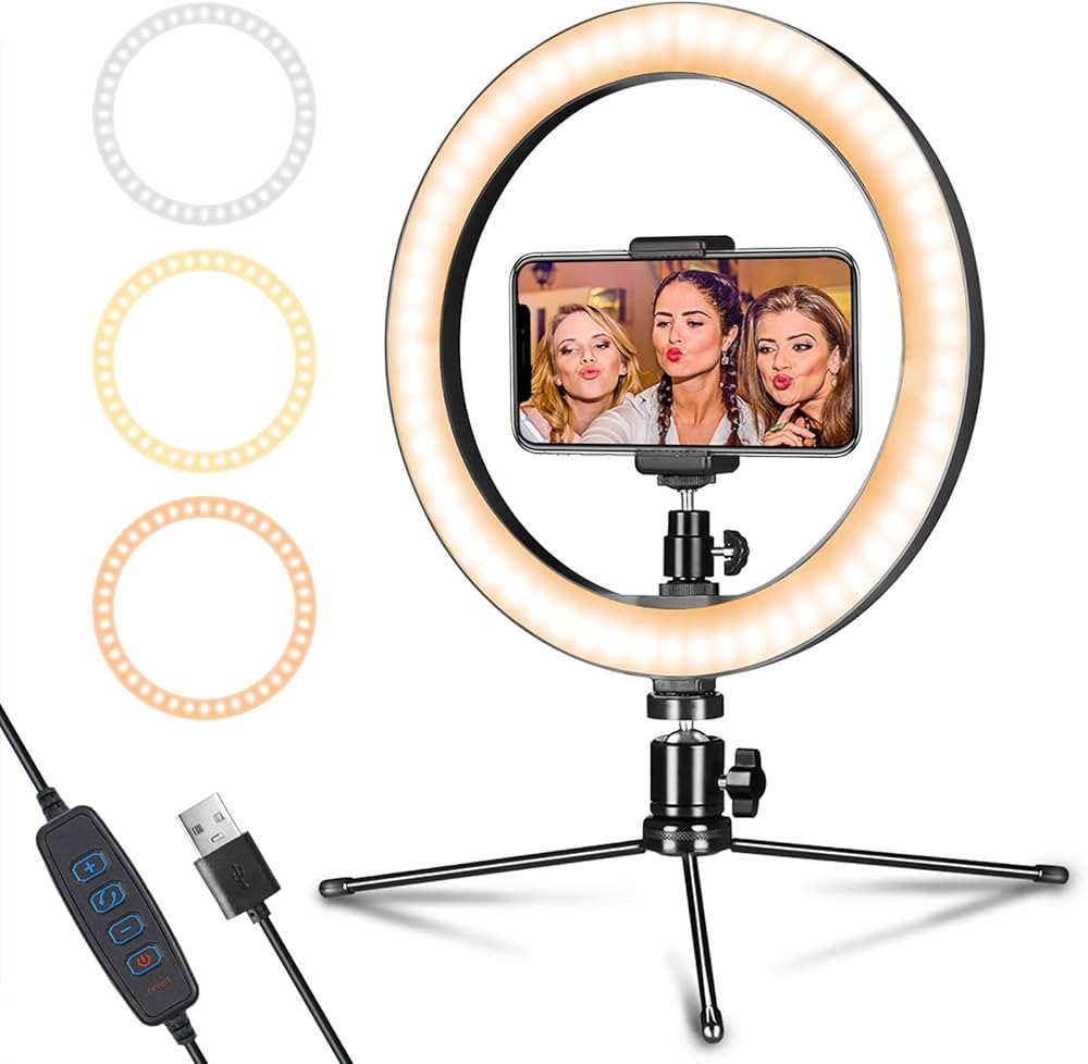 Dimmable Desk Makeup LED Ring Light 10" with Tripod Stand & Phone Holder for Live Streaming & You... | Amazon (US)