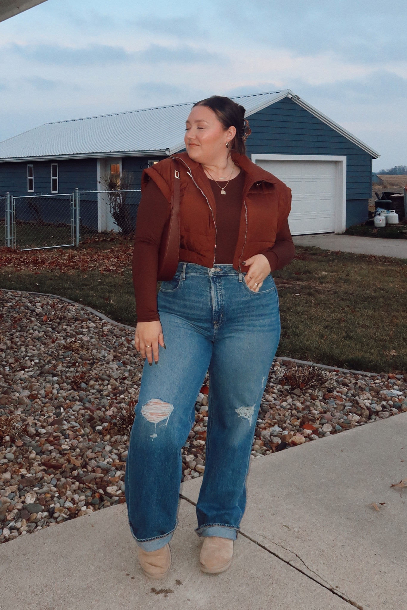 casual winter/spring transition outfit - just sub Uggs for sneakers! 16 tall in jeans, xxl vest and bodysuit 

#LTKstyletip #LTKplussize #LTKfindsunder100