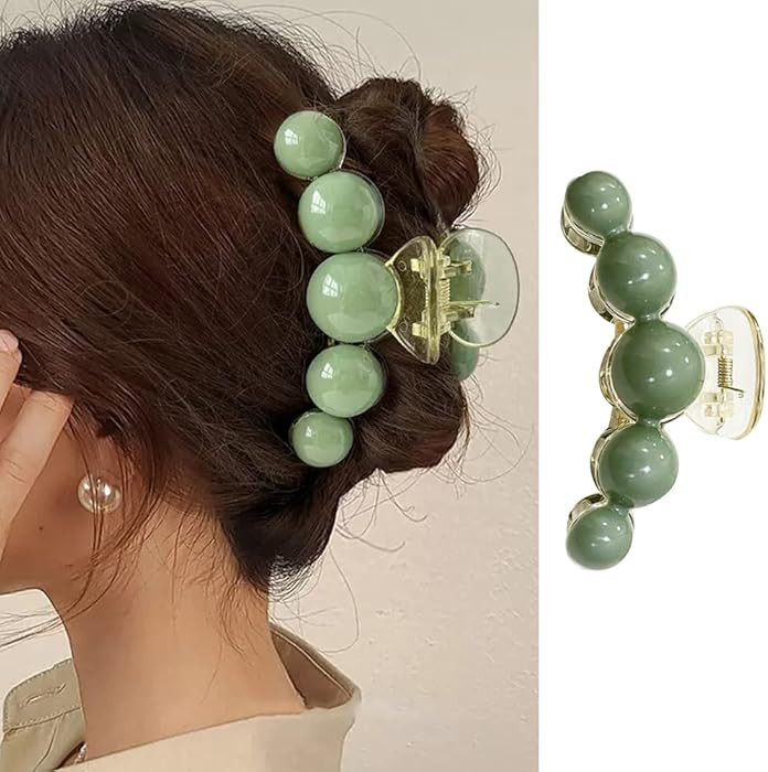 Large Green Pearl Hair Clamps for Women - Elegant Acrylic Hair Crab Clips, Non-Slip Strong Hold f... | Amazon (US)