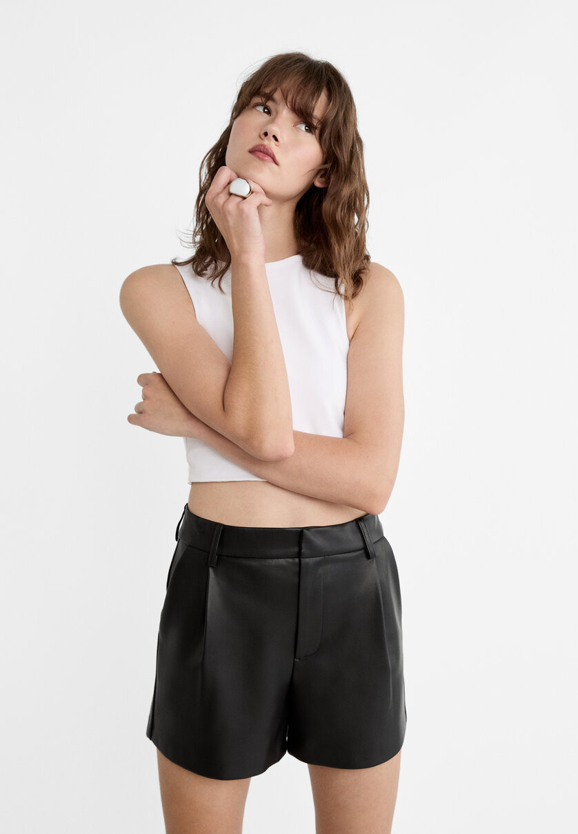 Faux leather shorts - Women's Trainers | Stradivarius United Kingdom | Stradivarius (UK)
