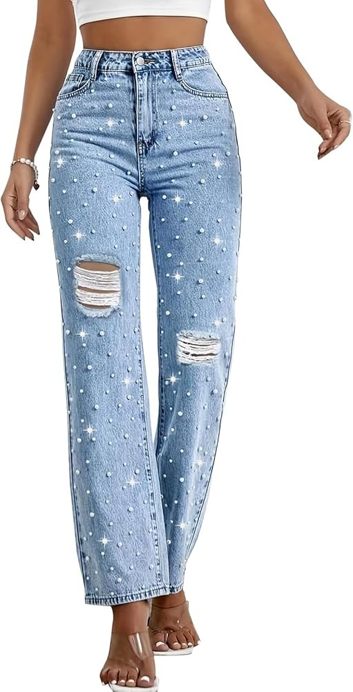 LifeShe Women Pearl Jeans Ripped Distressed Denim Pants High Waist Straight Leg Trousers | Amazon (US)