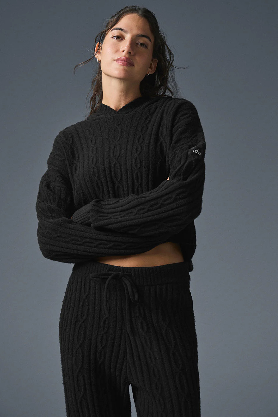 Alo YogaÂ® | Cable Knit Winter Bliss Hoodie in Black, Size: XS | Alo Yoga (US)