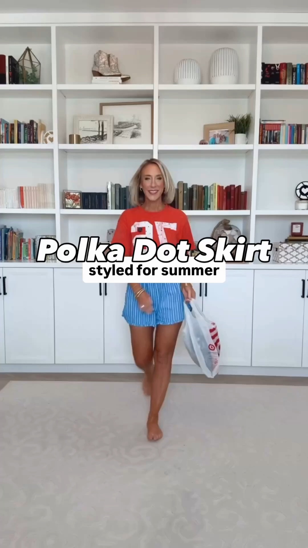 One polka skirt - styled 8 ways: • Midi skirt - size XS. Not lined but not see through. Elastic waistband and pockets! 1. White tank w/ built in bra - size XS. 2. Denim vest - size Small. 3. Crochet top - size Small. 4. Blue top - size Small. 5. Striped top - size XS. 6. White Button Down - size Small. 7. Yellow vest - size Small. 8. Navy top - size small.

#LTKootd #LTKSeasonal #LTKOver40