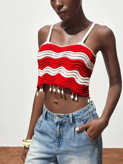 Maija 2025 Summer New Red &amp; White Contrast Wave Crochet Hem Shell Tassel Design Ladies Vest T... | SHEIN