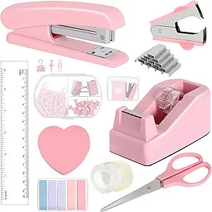 Office Supplies Set, Pink Stapler and Tape Dispenser Set with Staple Remover, Stapler and Staples... | Amazon (US)