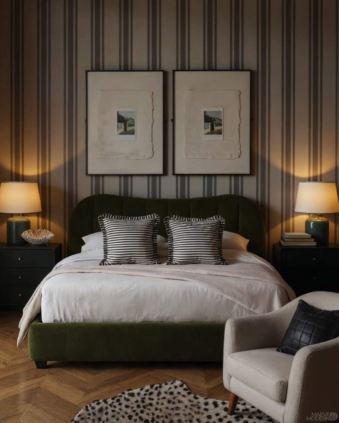 Moody Bedroom Views 🖤 This sophisticated bedroom blends rich olive green velvet, warm neutral bedding, striped accent pillows, and dramatic striped wallpaper for a cozy, collected look. The upholstered green bed, black nightstands, vintage-inspired table lamps, framed wall art, sculptural decor, and statement accent chair create an elevated mix of modern traditional, English-inspired, and transitional bedroom style. Warm lighting and layered textures give the space a luxurious boutique hotel feel while the black, cream, brown, and deep green color palette makes it perfect inspiration for a moody fall bedroom refresh.

🖤 If you want to see more content like this, FOLLOW maeveandmodern on LTK, Instagram, and Pinterest! Check out our blog where we post daily, maeveandmodern.com!

Moody Bedroom Decor | Olive Green Bedroom | Green Velvet Bed | Cozy Bedroom Ideas | Modern Traditional Bedroom | English Inspired Interiors | Transitional Bedroom Decor | Striped Wallpaper | Neutral Bedding | Black Nightstands | Bedroom Lighting Ideas | Vintage Inspired Decor | Luxury Bedroom Inspiration | Boutique Hotel Bedroom | Fall Bedroom Refresh | Warm Neutral Interiors | Dark Bedroom Decor | Statement Bed | Layered Bedroom Styling | Designer Bedroom Ideas#LTKFindsUnder100

#LTKHome #LTKSaleAlert #LTKSeasonal #LTKHome #LTKSaleAlert