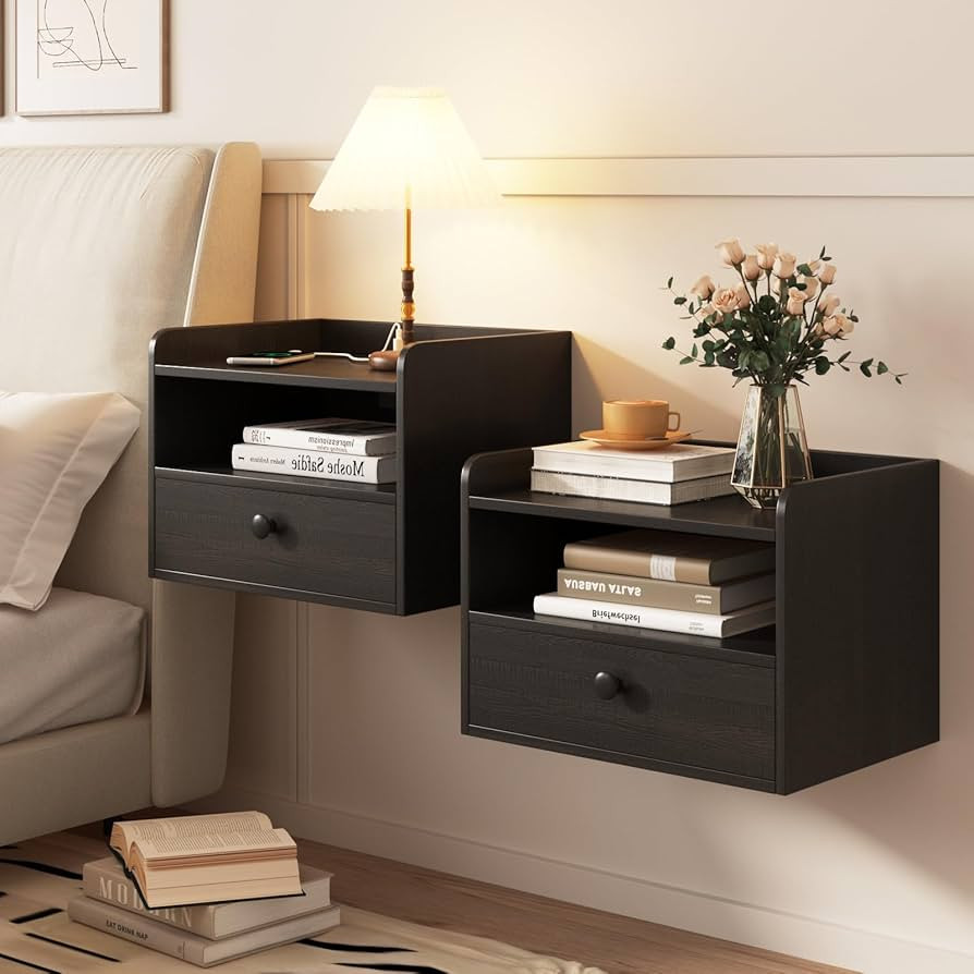 Floating Nightstand Set of 2 Modern Night Stands with Drawer and Open Shelf Cubby Small Bedside E... | Amazon (US)