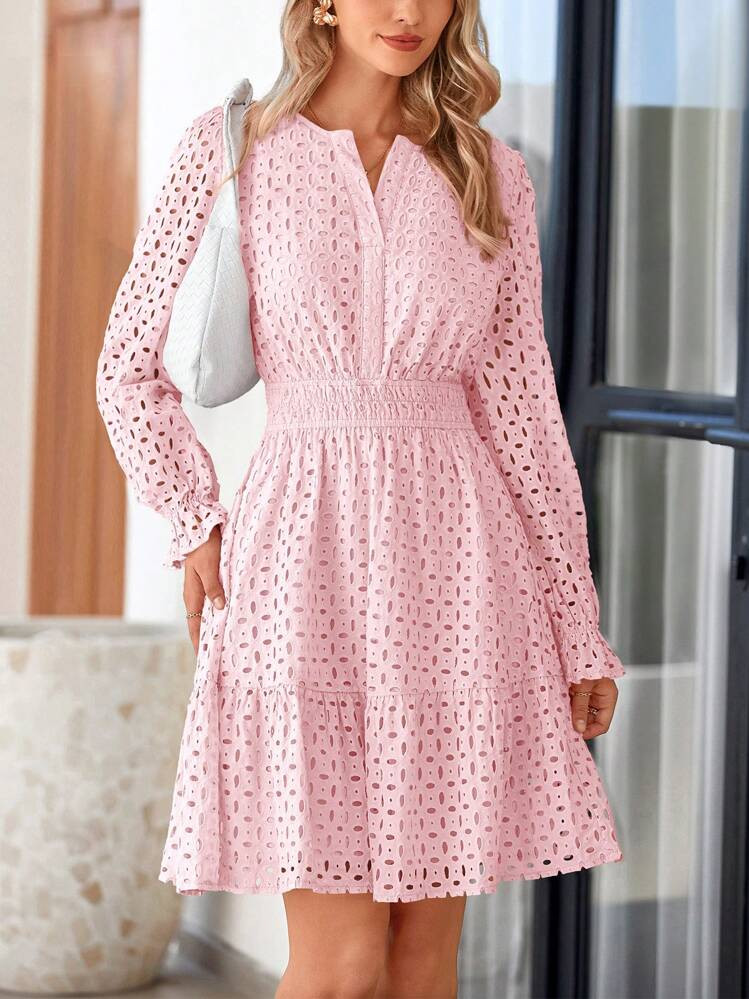 Ladies Spring Casual Mini Dress Hollow Puffed Sleeve Long Sleeve V-Neck A-Line Short Waist Elegan... | SHEIN
