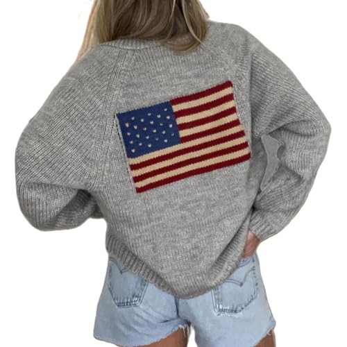 Women American Flag Cardigan Sweaters Y2k Long Sleeve Open Front Button Down Cardigans USA Flag Knitwear (Light Grey, L) | Amazon (US)
