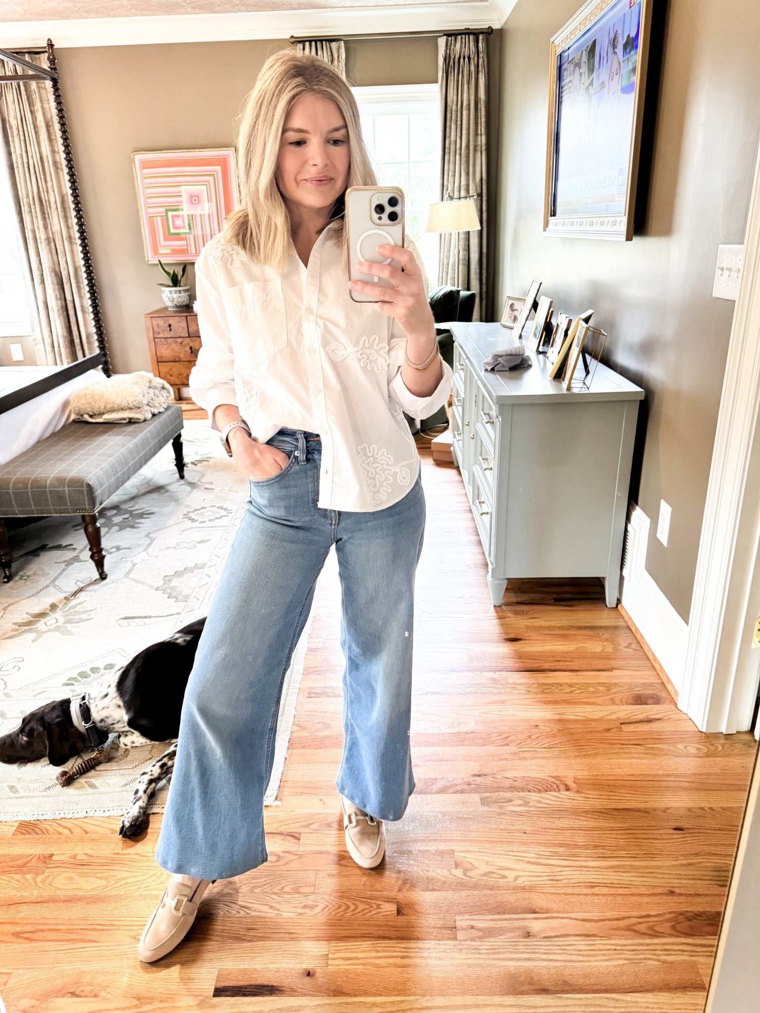 Look at my cute photobomber! Anyway, embroidery elevates a staple white button-up. Would you do a partial or full tuck? 

#LTKootd #LTKgrwm #LTKdayinmylife