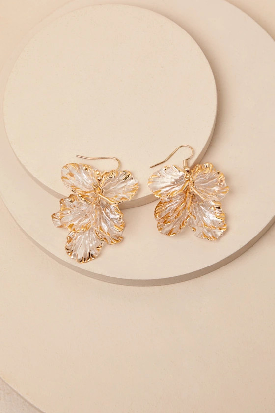 Gilded Glow Gold and Clear Floral Statement Earrings | Lulus