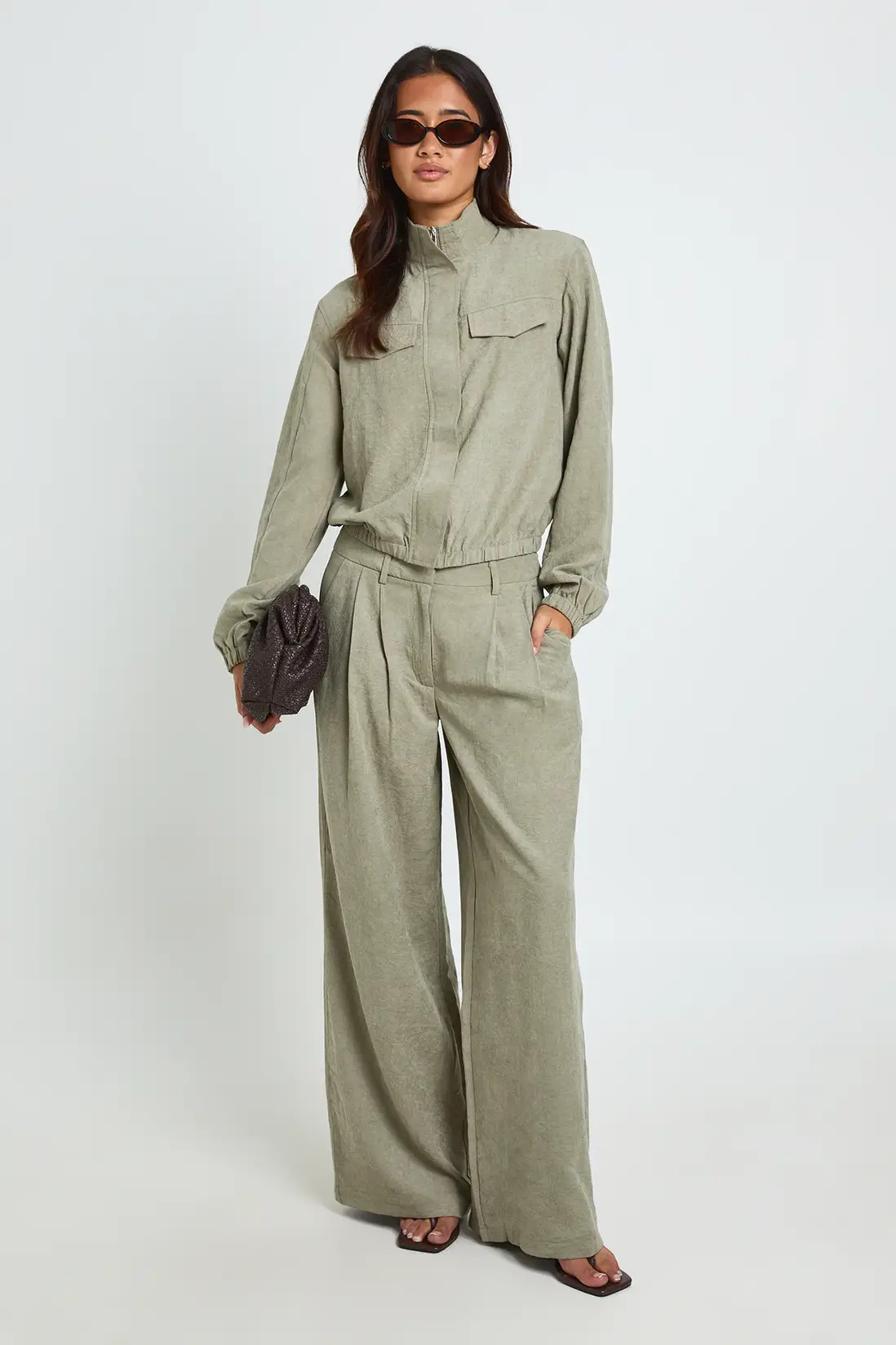Khaki Peached Pleated Wide Leg Trousers | Boohoo | Boohoo.com (UK & IE)