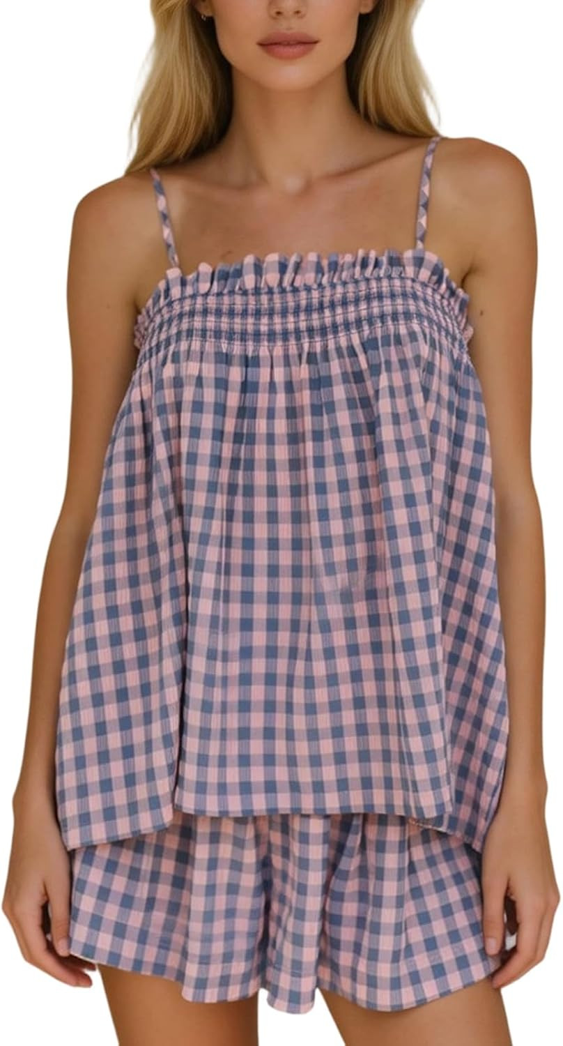Piacakece Women 2 Piece Gingham Shorts Set Sleeveless Babydoll Cami Top Matching Shorts Pajama Sets Two-Piece Summer Outfit | Amazon (US)