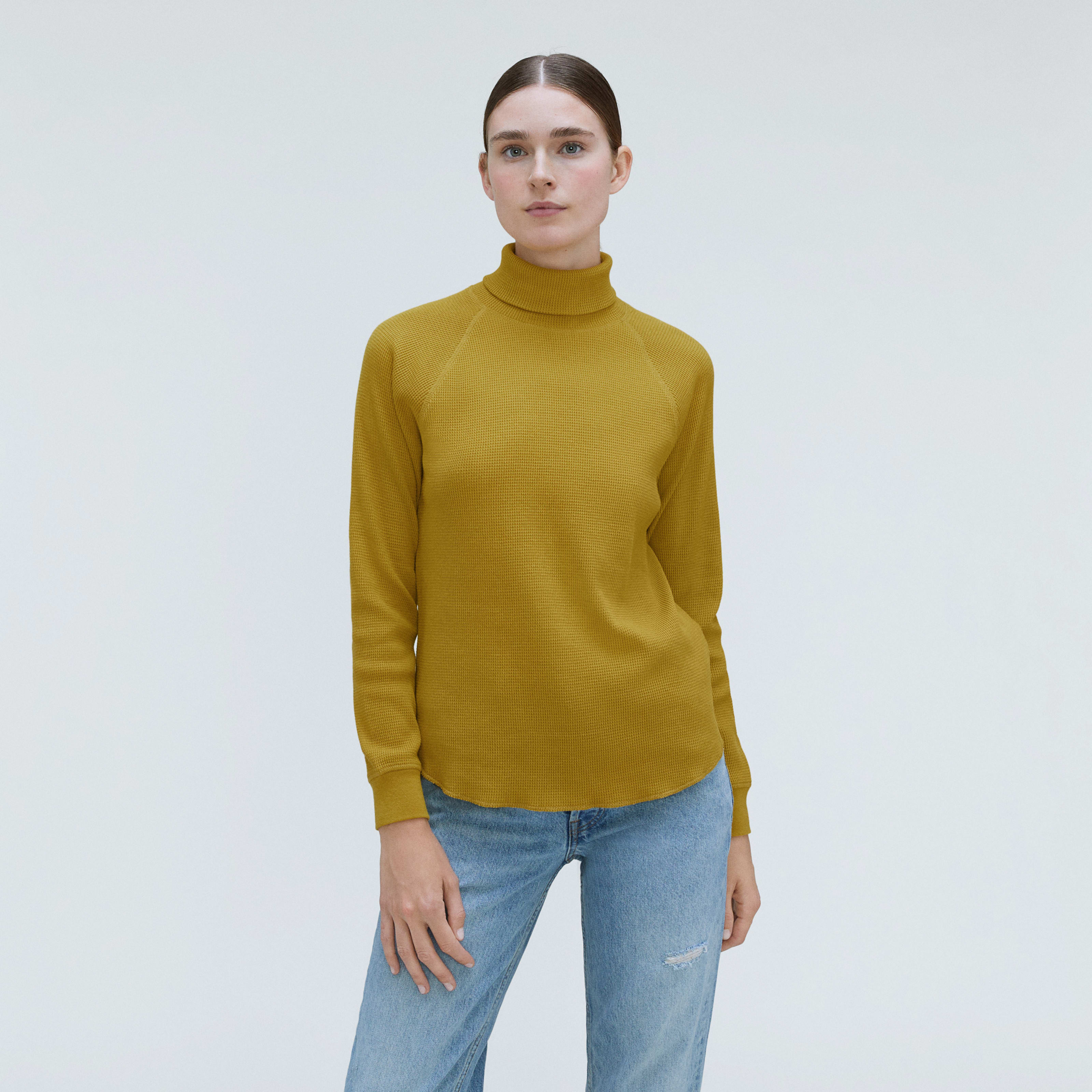 Women's Organic Cotton Turtleneck Waffle Tee Sweater by Everlane in Golden Palm, Size XXS | Everlane