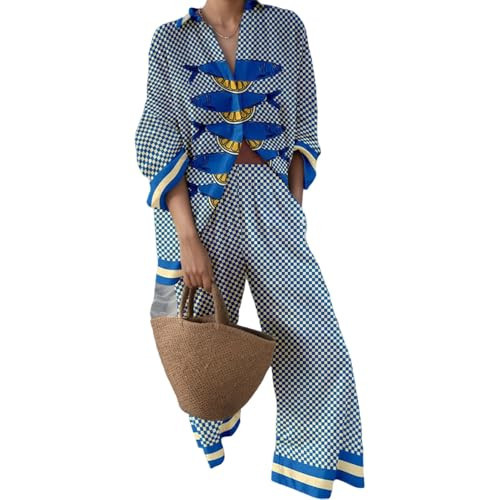Akivide Womens Beach Vacation 2 Piece Outfits Long Sleeve Button Down Shirts and Matching Drawstring Waist Pants Summer Sets | Amazon (US)