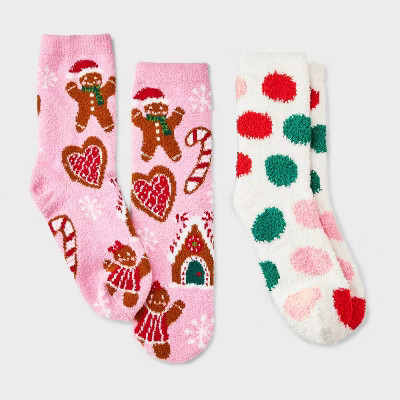 Kids' 2pk Gingerbread Cookies Cozy Christmas Crew Socks with Gift Card Holder - Wondershop™ Pin... | Target