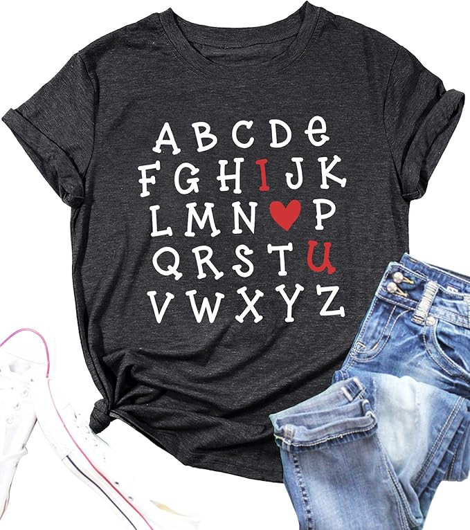 Valentine's Day Shirt Women Alphabet ABC I Love You Printed T-Shirts Teacher Valentine Shirt Tees... | Amazon (US)