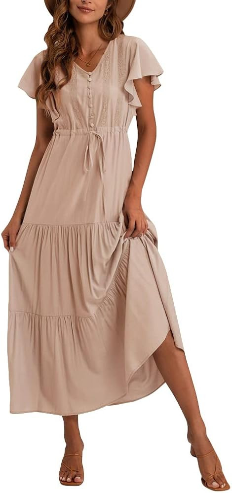 Qsllina Womens Ruffle Maxi Dress Casual Short Sleeve V Neck Flowy Solid Long Summer Dresses for Wome | Amazon (US)